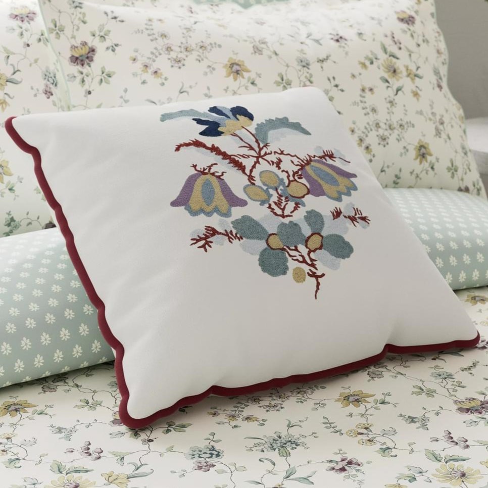 Bloom Embroidered Cushion by V&A in Duck Egg Teal Blue